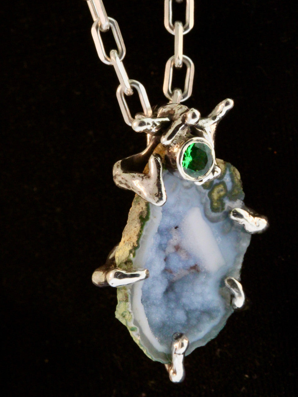 Druzy Quartz Geode Pendant with Tsavoite - Silver