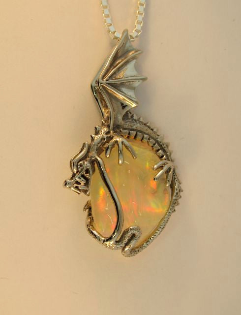 18K gold Mexican Fire Opal Luna Dragon Pendant