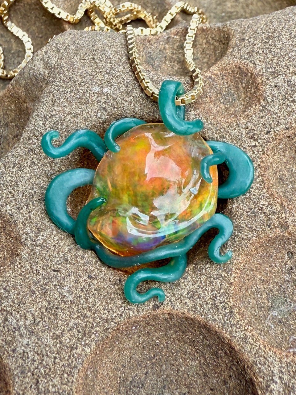 Alien Octopus Pendant | 6 Ct Mexican Fire Opal | 18K Gold | Marty