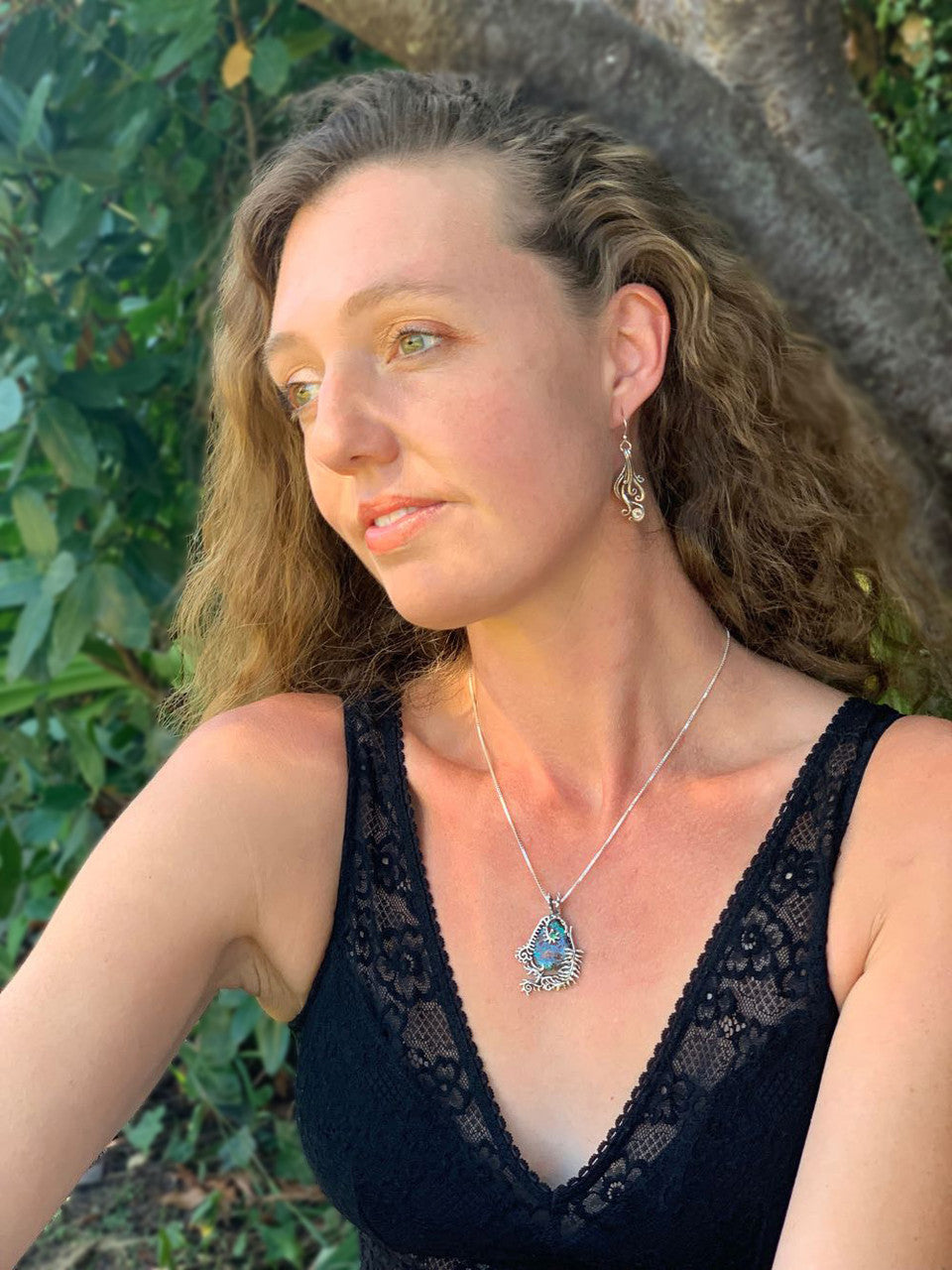 Alisha wearing Fern Gully Pendant