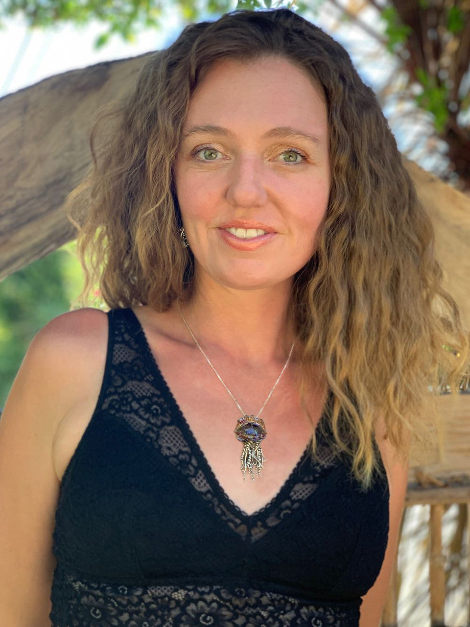 The Man of War Jellyfish Pendant modeled by the artist, Alisha McCormack