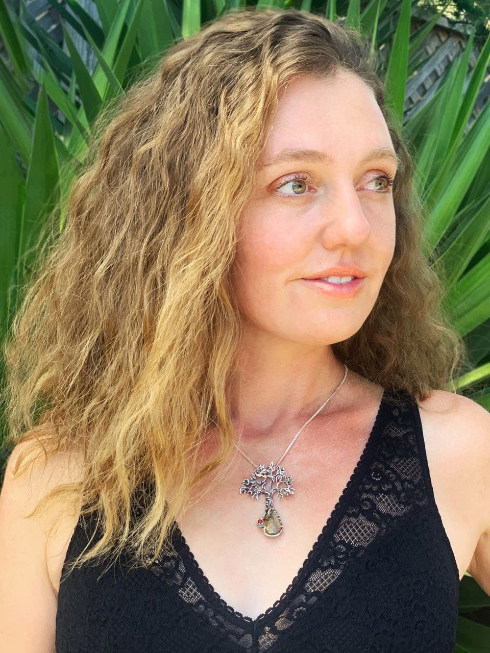 Primeval Forest Tree Pendant #17 modeled by the artist, Alisha McCormack.