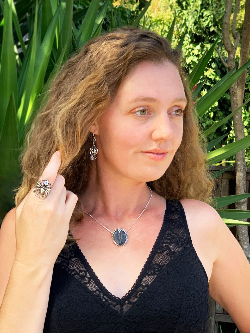 The Large Spider Ring with Rainbow Moonstone modeled Alisha McCormack