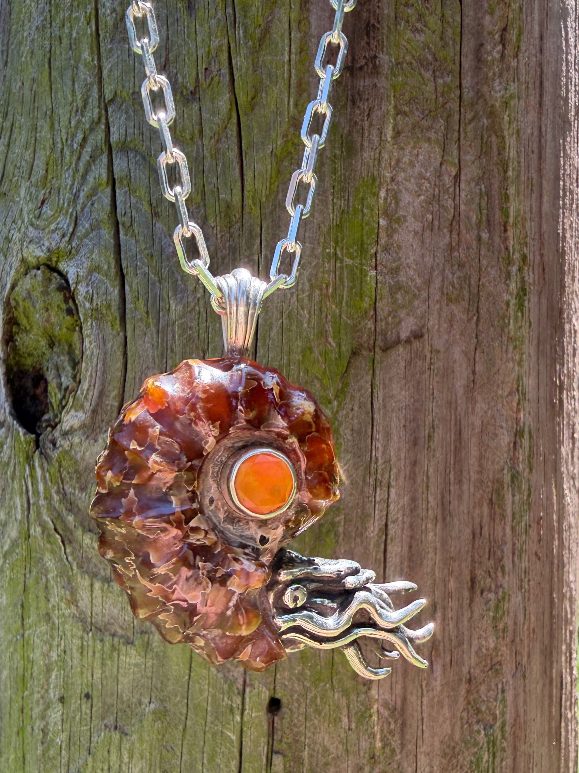 Spiky Fossilized Ammonite Nautilus Necklace with Ethiopian Fire Opal - Sterling Silver