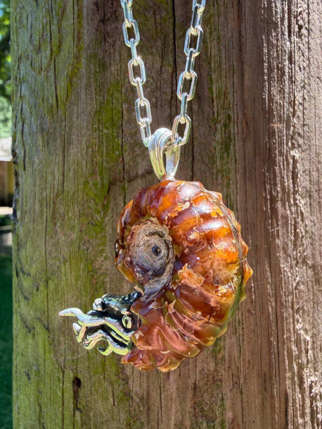Spiky Fossilized Ammonite Nautilus Necklace with Ethiopian Fire Opal - Sterling Silver