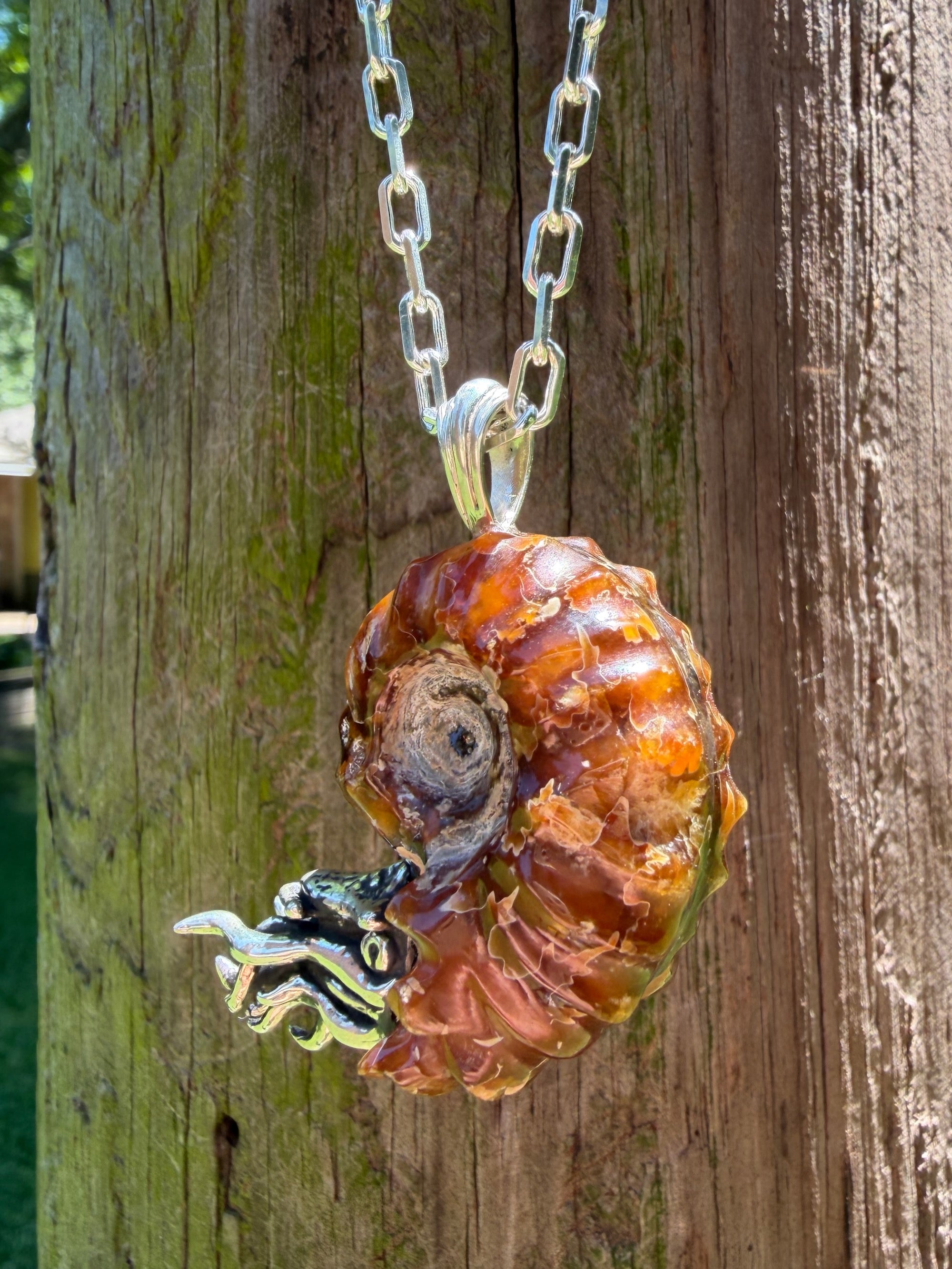 Spiky Fossilized Ammonite Nautilus Necklace with Ethiopian Fire Opal - Sterling Silver