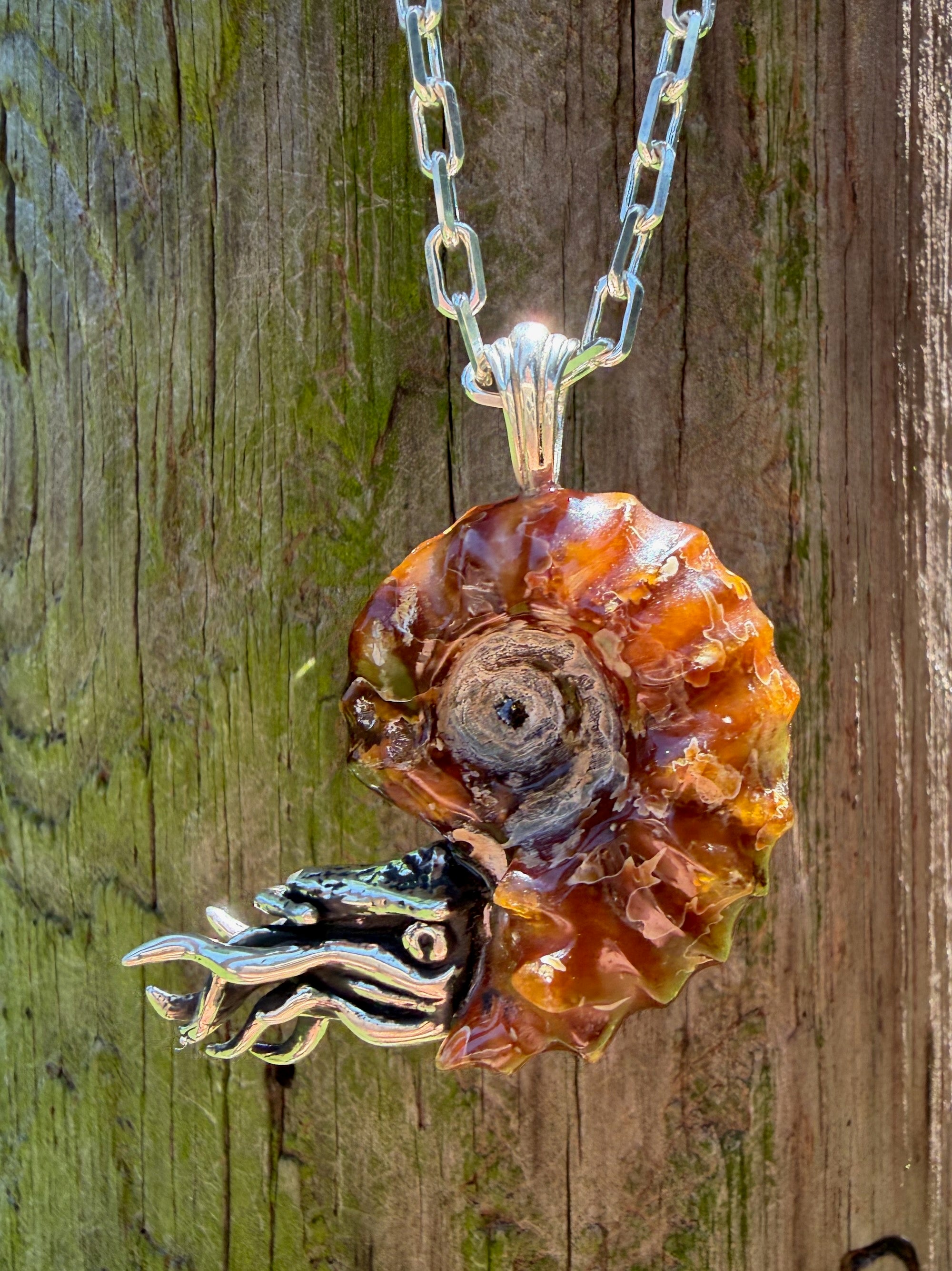 Spiky Fossilized Ammonite Nautilus Necklace with Ethiopian Fire Opal - Sterling Silver