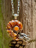 Spiky Fossilized Ammonite Nautilus Necklace with Ethiopian Fire Opal - Sterling Silver