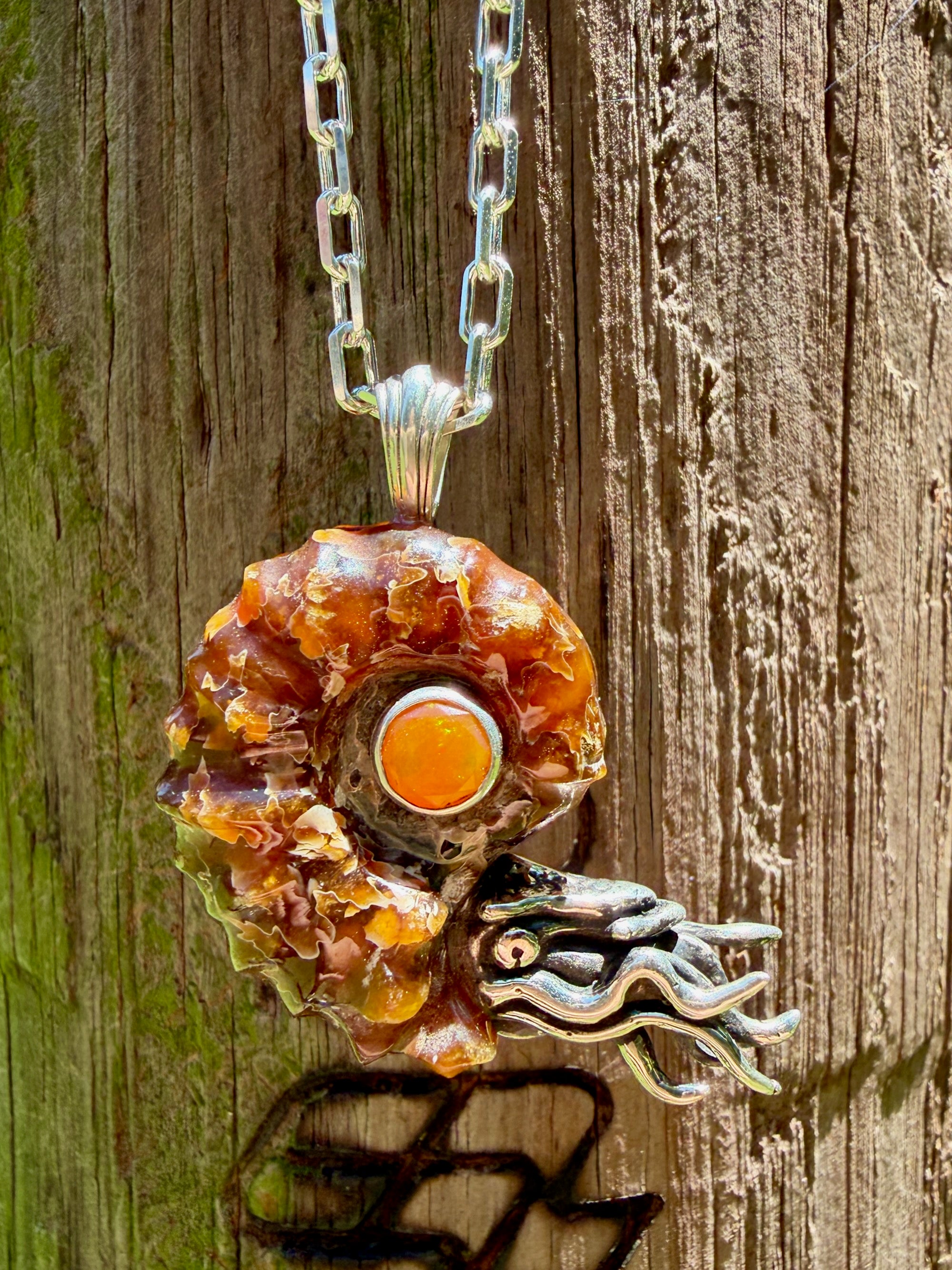 Spiky Fossilized Ammonite Nautilus Necklace with Ethiopian Fire Opal - Sterling Silver