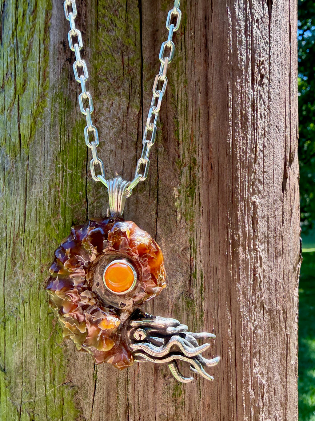 Spiky Fossilized Ammonite Nautilus Necklace with Ethiopian Fire Opal - Sterling Silver