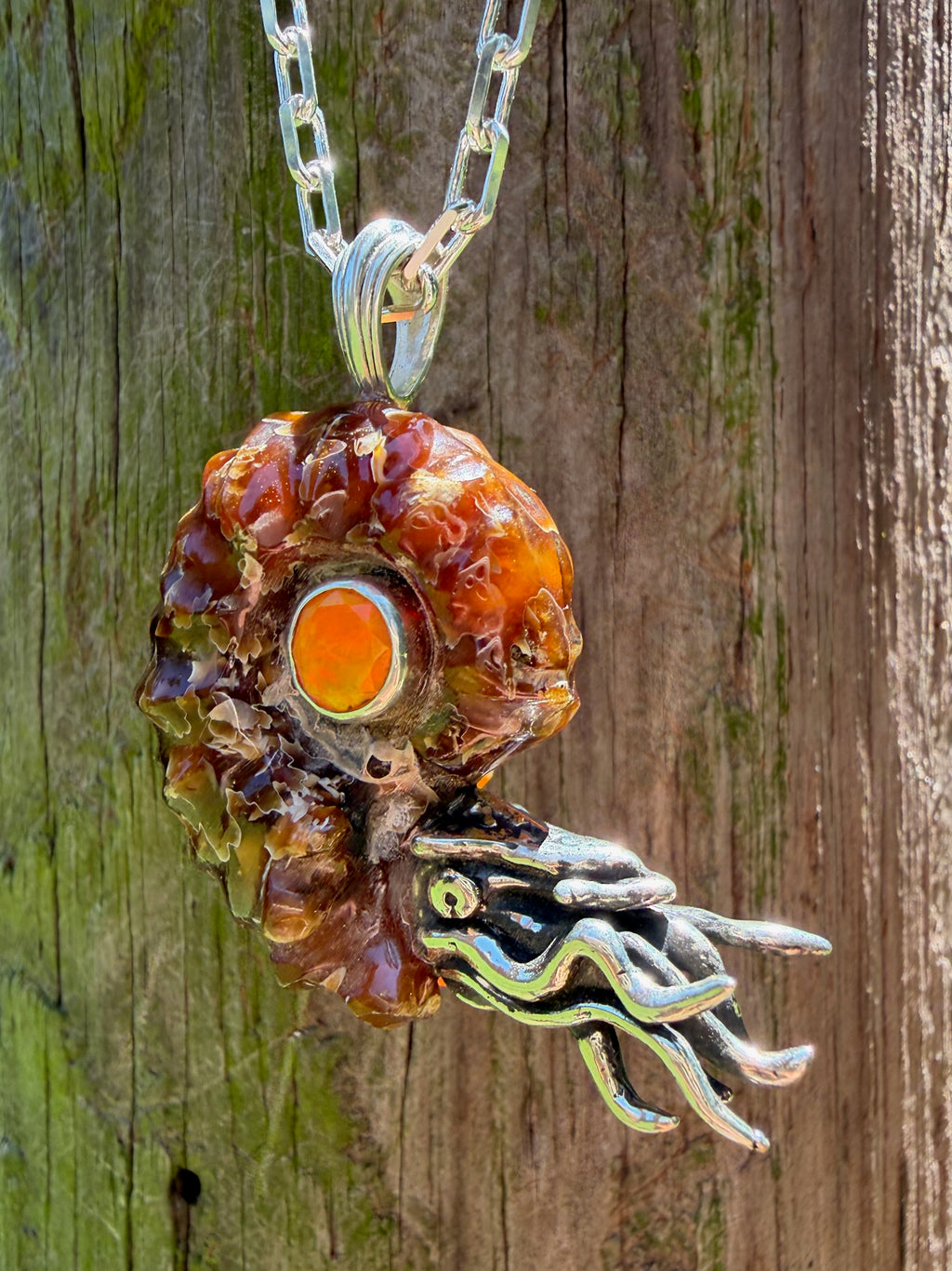 Spiky Fossilized Ammonite Nautilus Necklace with Ethiopian Fire Opal - Sterling Silver