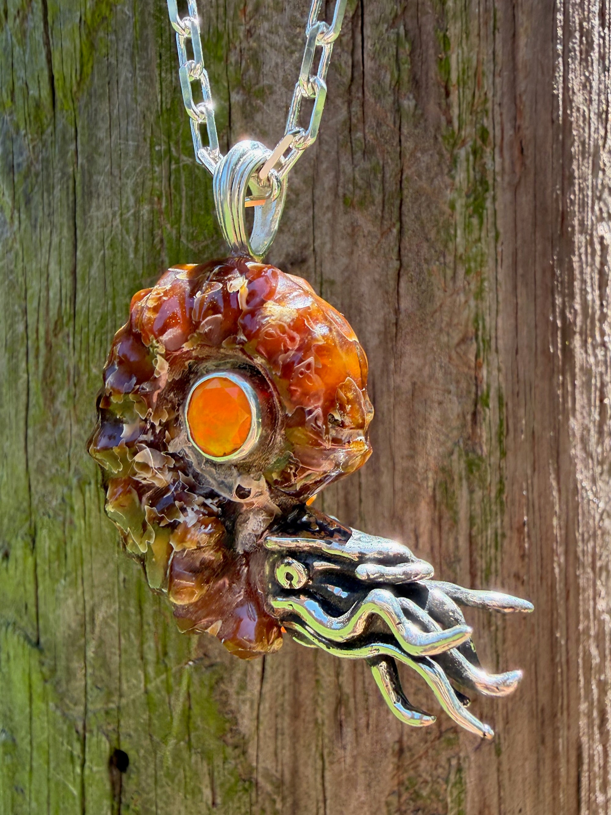 Spiky Fossilized Ammonite Nautilus Necklace with Ethiopian Fire Opal - Sterling Silver