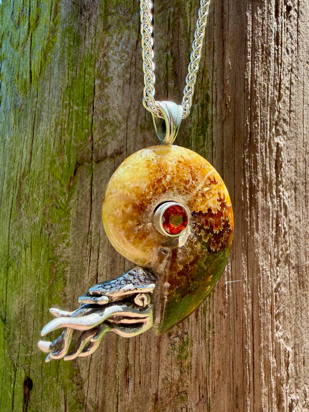 Fossilized Ammonite Nautilus Necklace Mexican Fire Opal - Sterling Silver