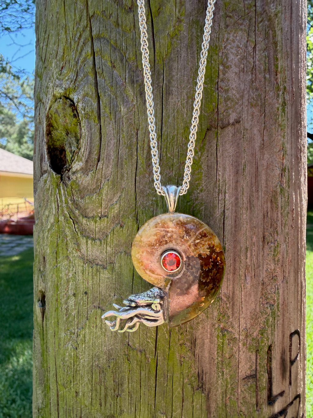 Fossilized Ammonite Nautilus Necklace Mexican Fire Opal - Sterling Silver