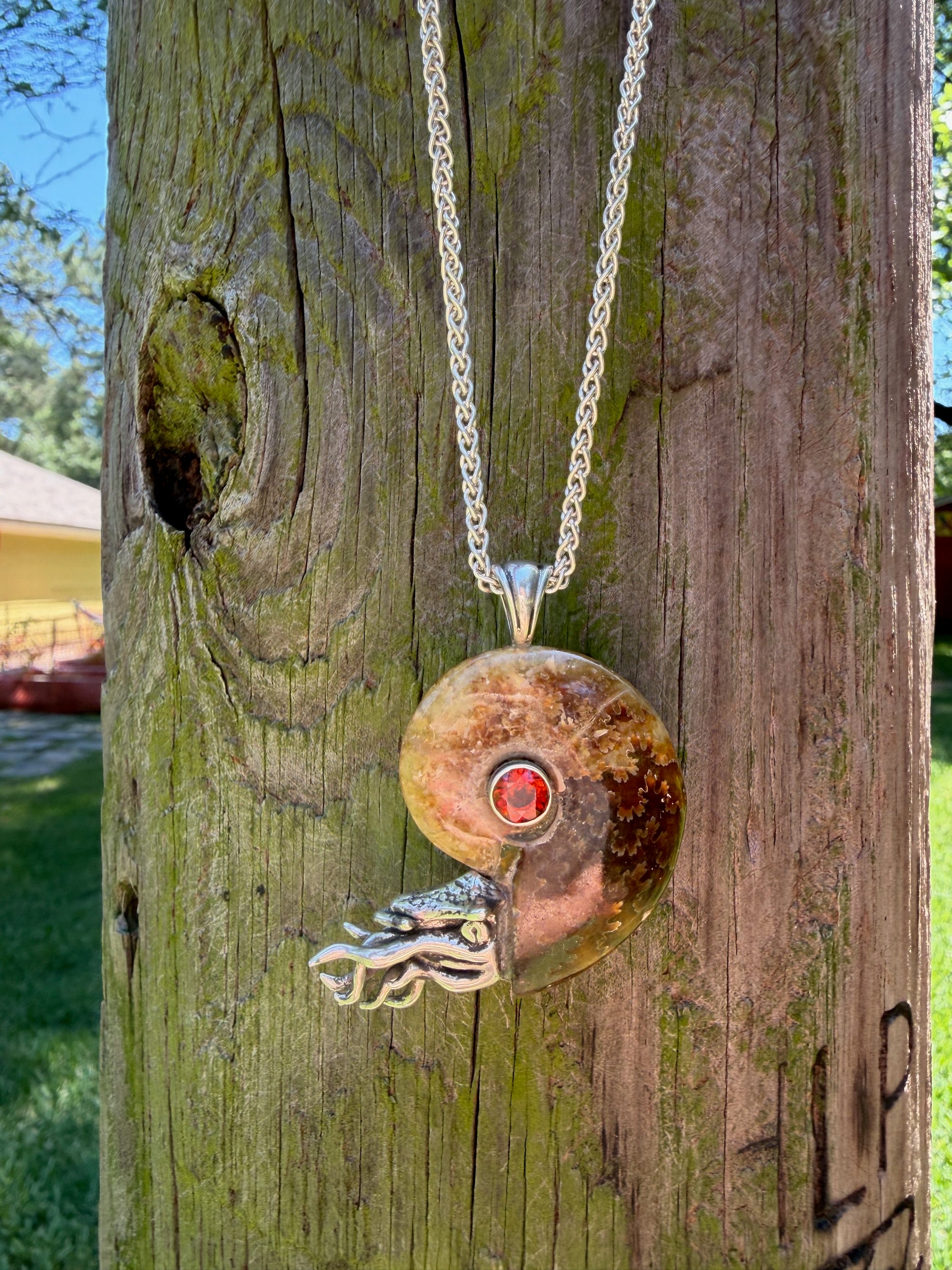 Fossilized Ammonite Nautilus Necklace Mexican Fire Opal - Sterling Silver