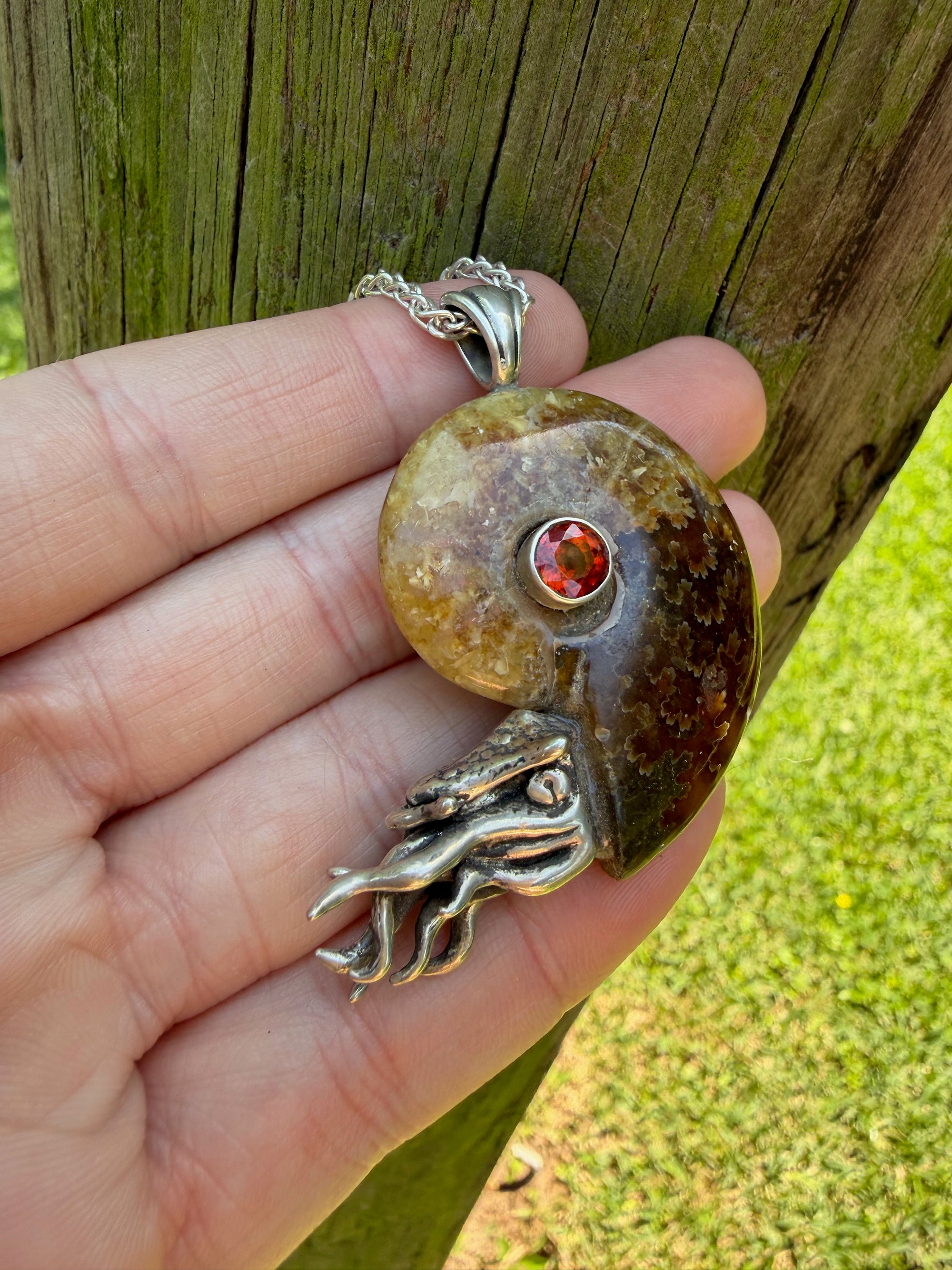 Fossilized Ammonite Nautilus Necklace Mexican Fire Opal - Sterling Silver