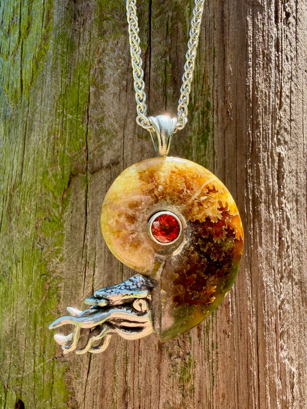 Fossilized Ammonite Nautilus Necklace Mexican Fire Opal - Sterling Silver