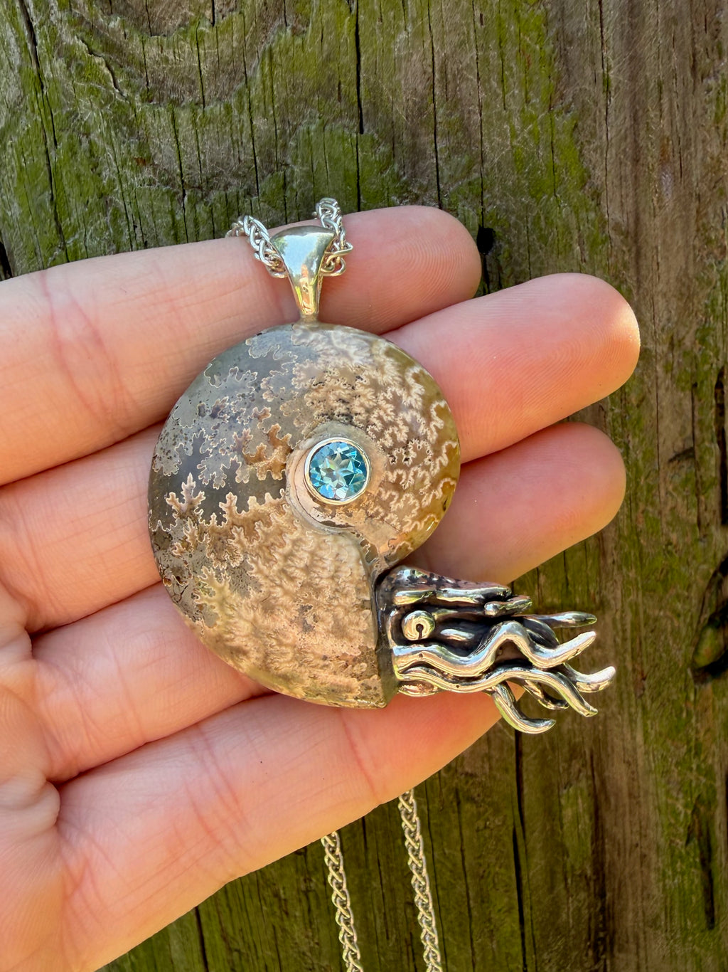 Fossilized Ammonite Nautilus Pendant with Blue Topaz - Sterling Silver