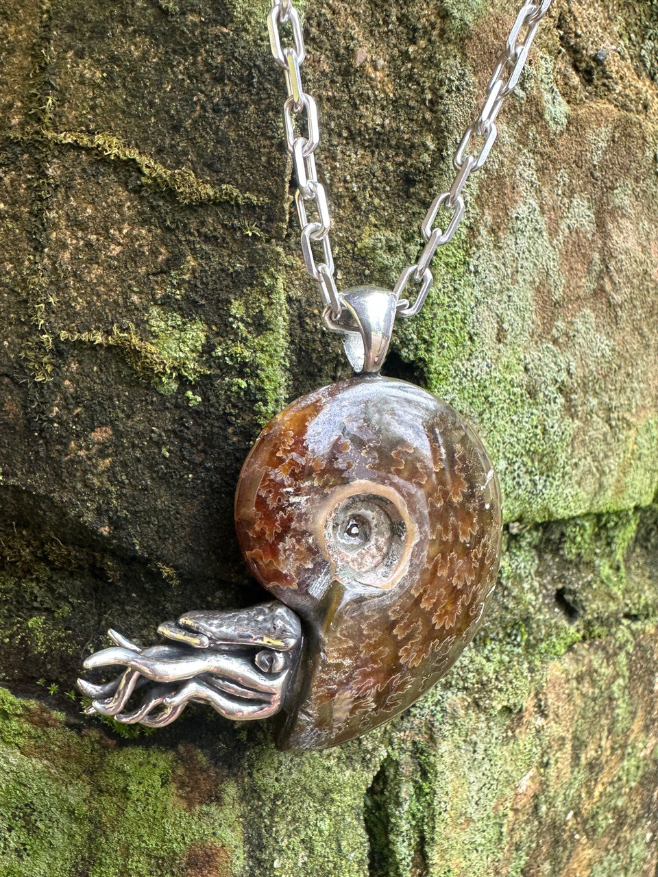 Fossilized Ammonite Nautilus Pendant with Chrome Diopside