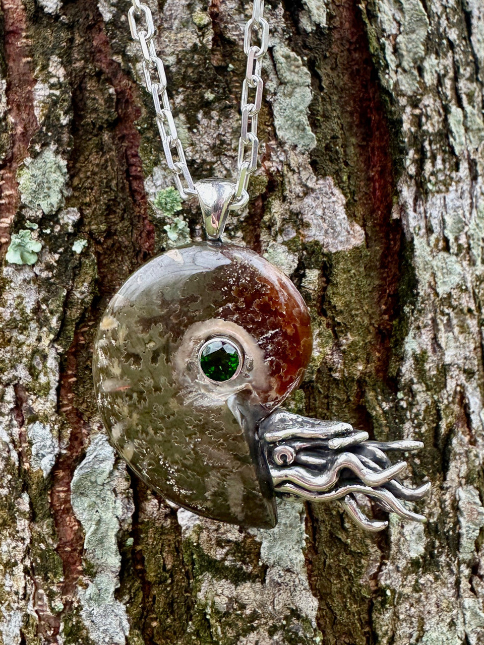 Fossilized Ammonite Nautilus Pendant with Chrome Diopside