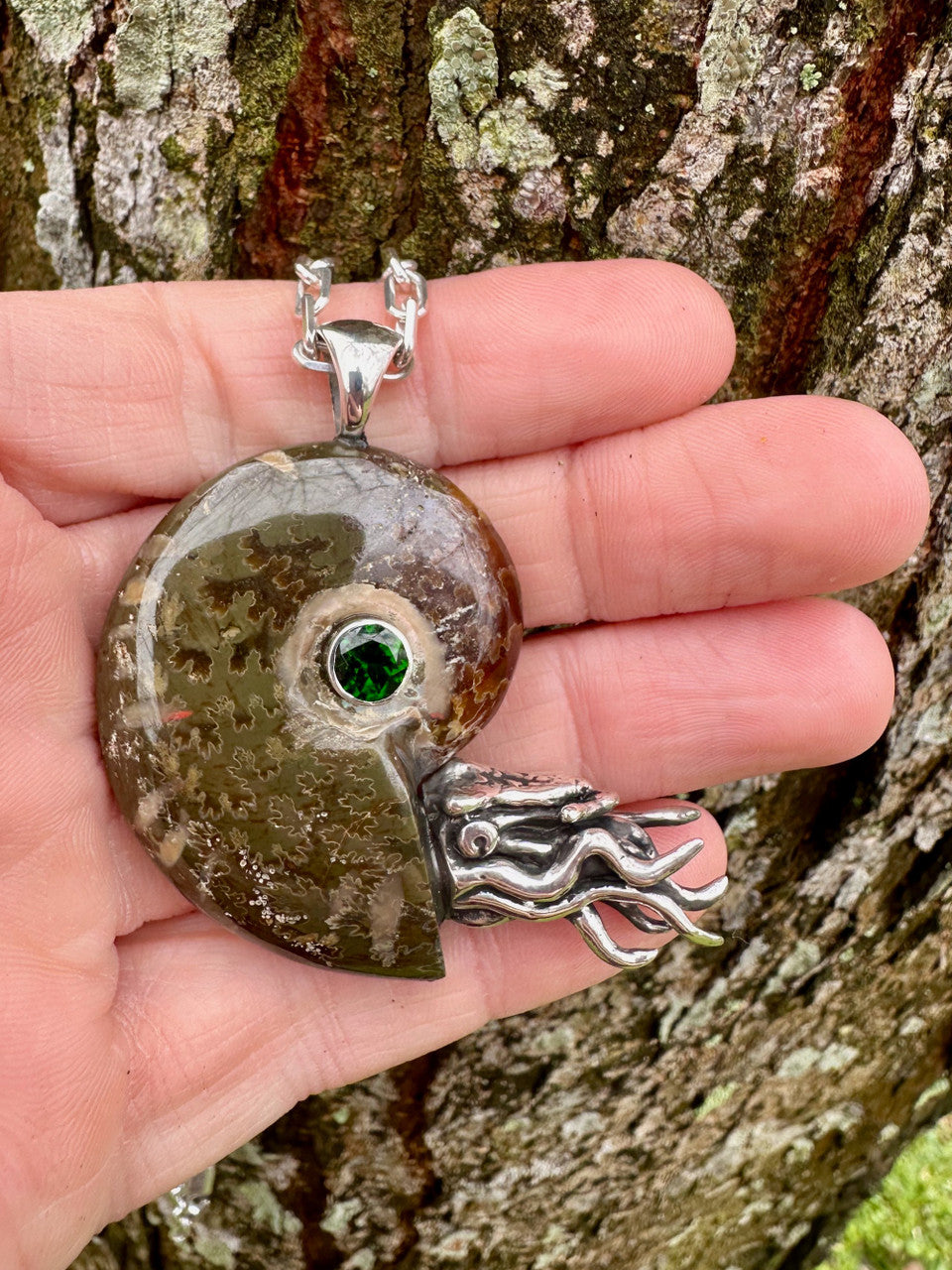 Fossilized Ammonite Nautilus Pendant with Chrome Diopside