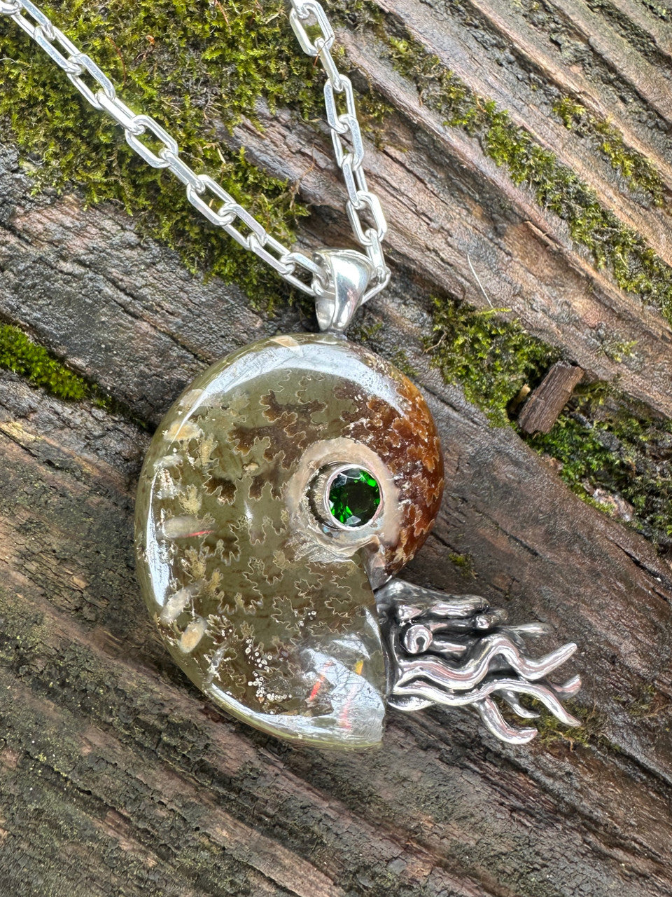 Fossilized Ammonite Nautilus Pendant with Chrome Diopside