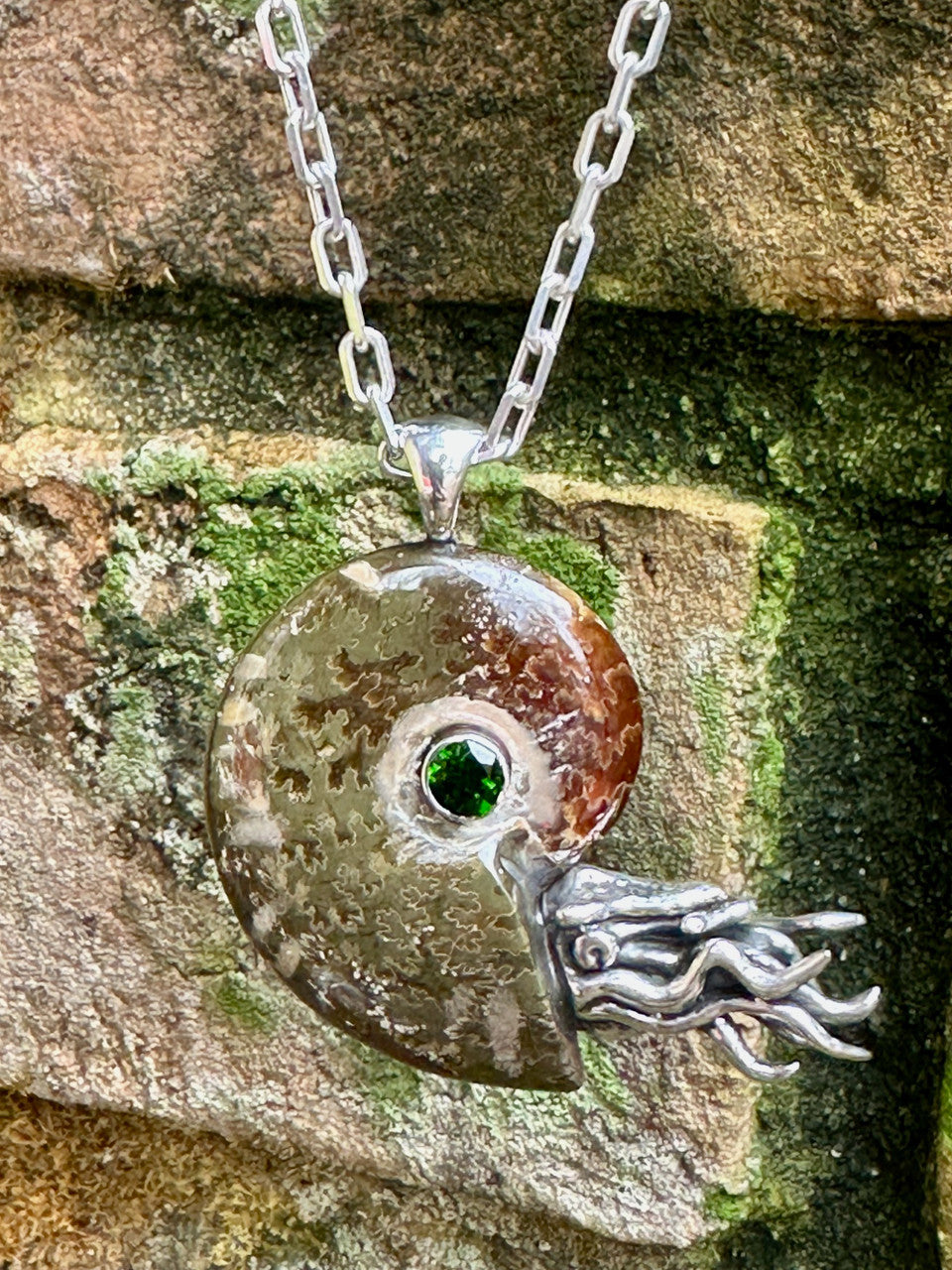 Fossilized Ammonite Nautilus Pendant with Chrome Diopside