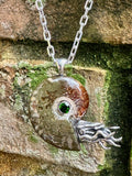 Fossilized Ammonite Nautilus Pendant with Chrome Diopside