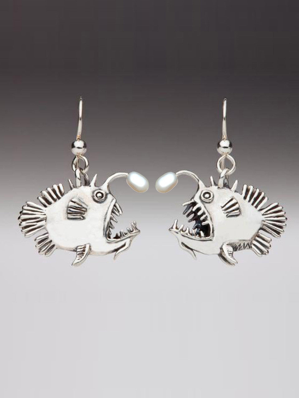 Angler Fish Earrings with Pearl Lures in Silver