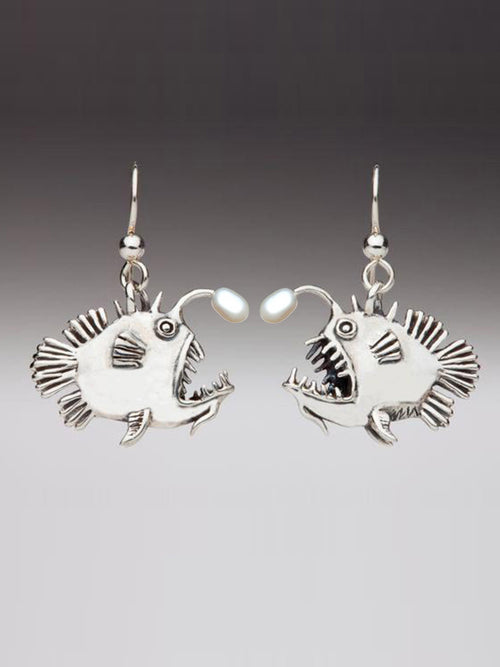 Angler Fish Earrings with Pearl Lures in Silver
