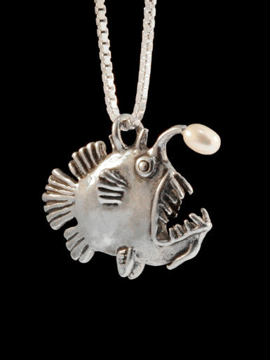 Angler Fish Charm with White Pearl - Silver