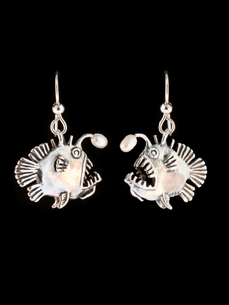 Angler Fish Earrings with Pearl Lures in Silver