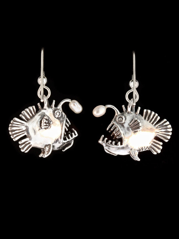 Angler Fish Earrings with Pearl Lures in Silver
