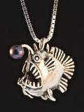 Silver Angler Fish Charm with Black Pearl - Sterling Silver