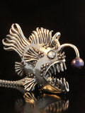 Large Angler Fish Pendant with Black Pearl Lure - Sterling Silver