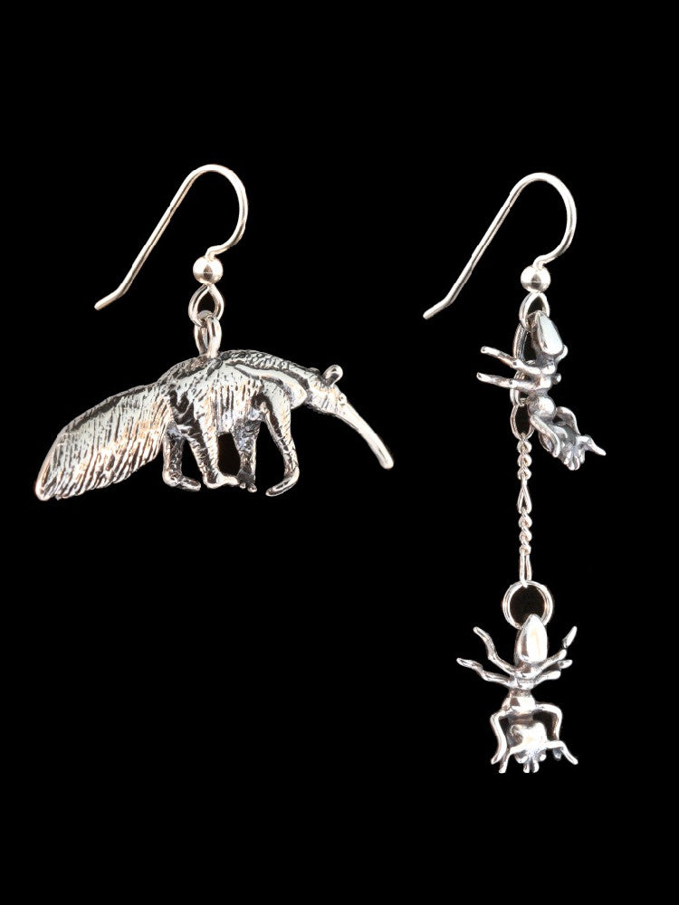 Anteater and Ant Earrings in Silver