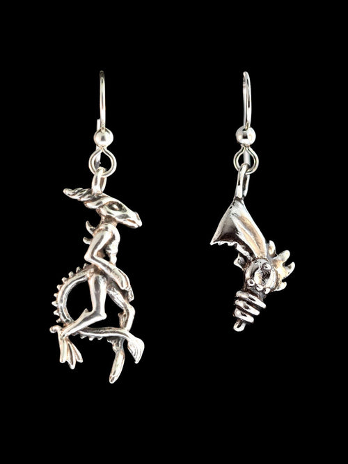 Aqua Alien and Ray Gun Earrings - Silver