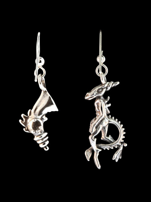 Aqua Alien and Ray Gun Earrings - Silver