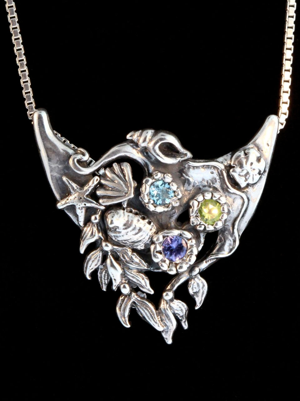 Atlantis Treasure Pendant - Silver with blue topaz, rainbow moonstone and tanzanite