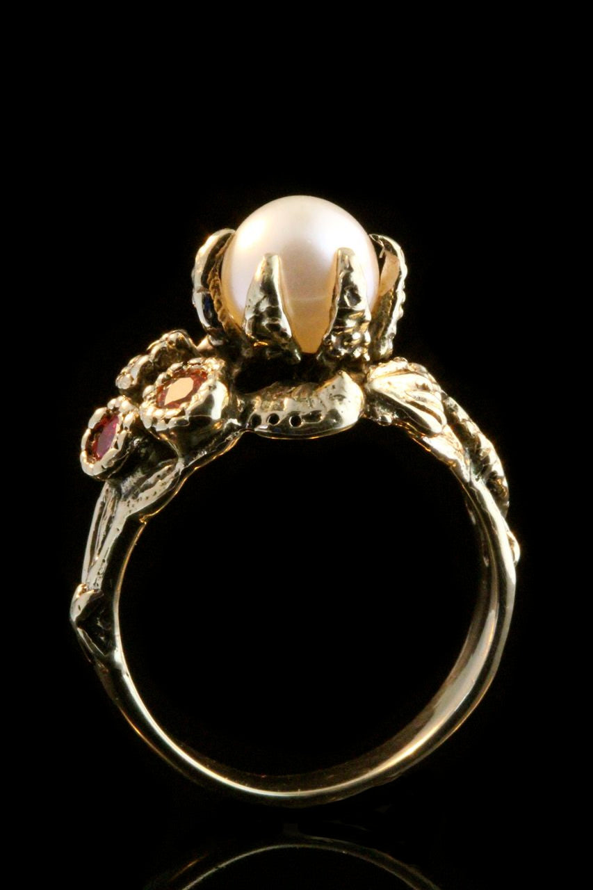 Atlantis Treasure Ring in 14k gold with white pearl, ruby, pink tourmaline and honey gold sapphire.