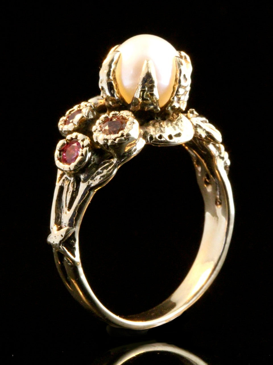 Atlantis Treasure Ring in 14k gold with white pearl, ruby, pink tourmaline and honey gold sapphire.