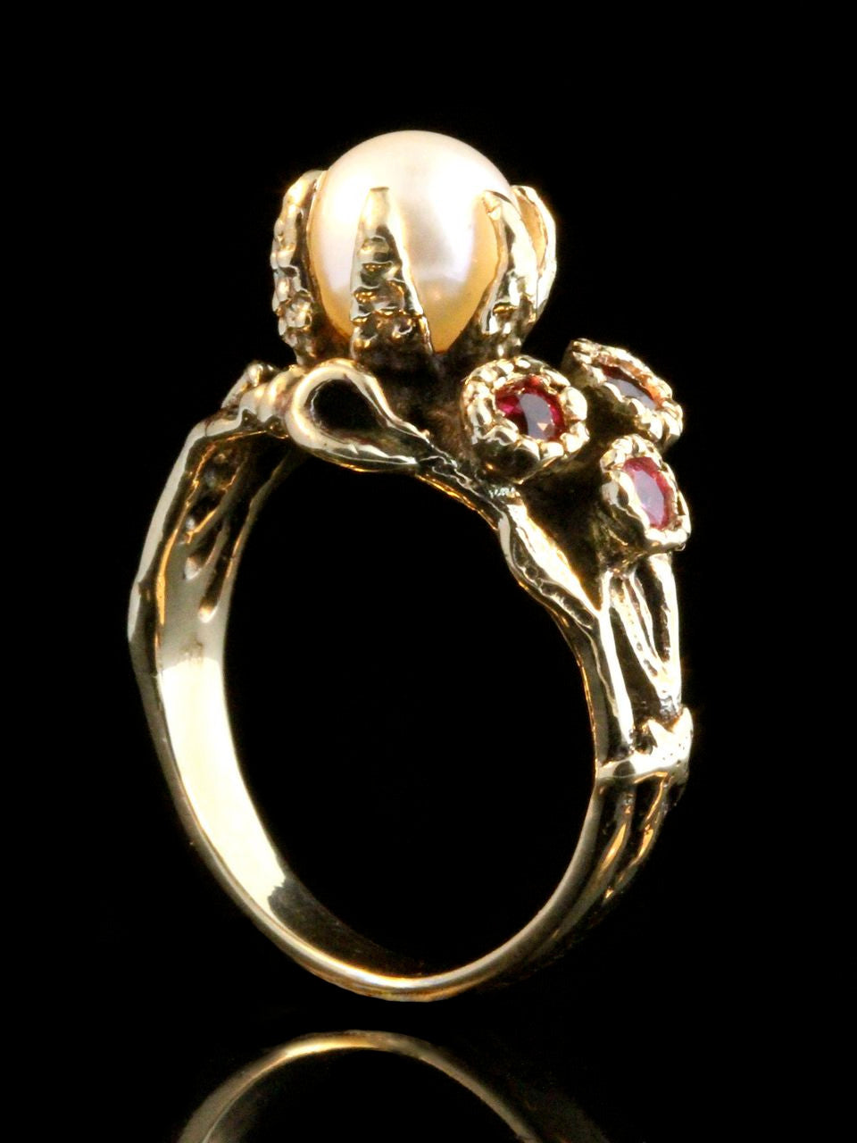 Atlantis Treasure Ring in 14k gold with white pearl, ruby, pink tourmaline and honey gold sapphire.
