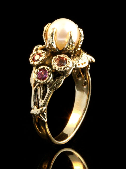 Atlantis Treasure Ring in 14k gold with white pearl, ruby, pink tourmaline and honey gold sapphire.