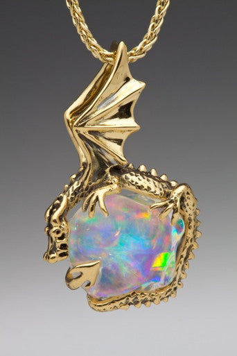 Aurora Dragon Pendant with Mexican Fire Opal - 18K Gold - SOLD