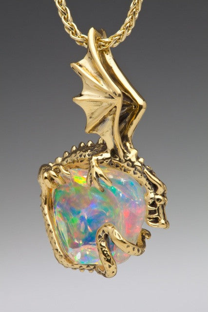 Aurora Dragon Pendant with Mexican Fire Opal - 18K Gold - SOLD