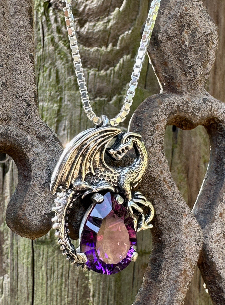 Avalon Dragon with 12mm x 17mm Pear Amethyst Gem - Silver