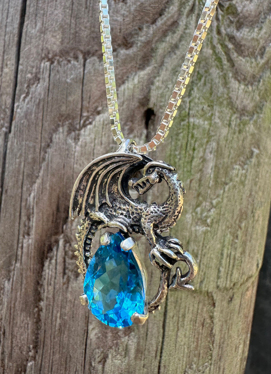 Avalon Dragon with 12mm x 17mm Blue topaz Gem - Silver