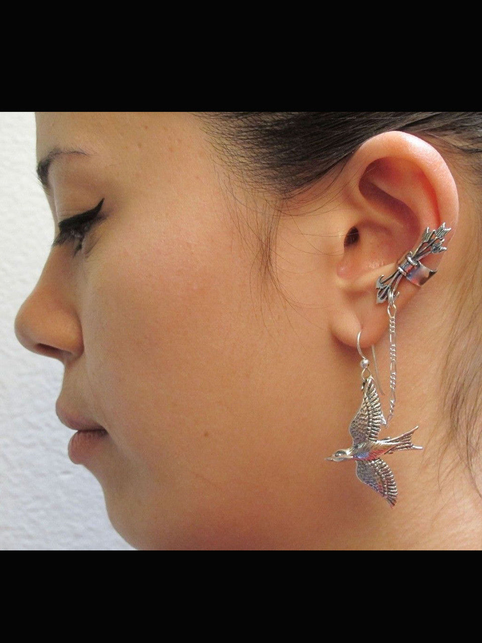 Silver Quiver and Arrows Ear Cuff and Mocking Jay - Bajoran Style in Silver