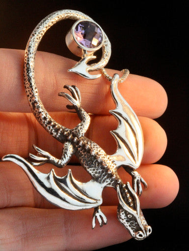 Balerion Dragon Pendant with Checkerboard Faceted Amethyst - Sterling Silver