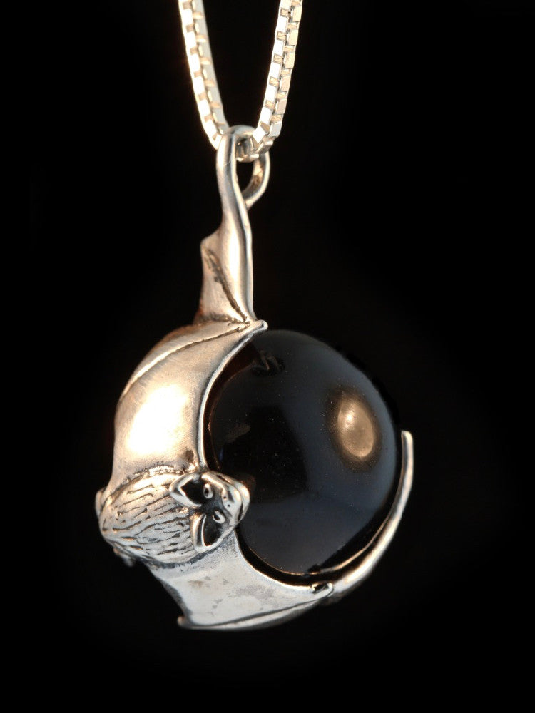 Night Flight Bat Orb in Silver with Black Obsidian